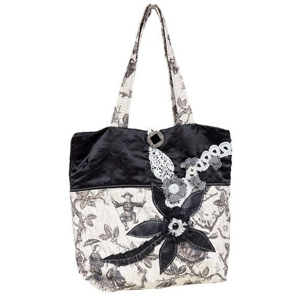 Sonja’s Handmade Toile Print Tote Bag, Black & White, Country Cottage Style Tote - Picture 3 of 12